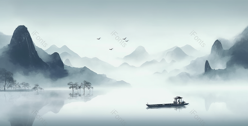 新中式简约蓝色水墨意境山水画,插画/手绘图,插画/手绘图库,插画/手绘图下载,插画/手绘